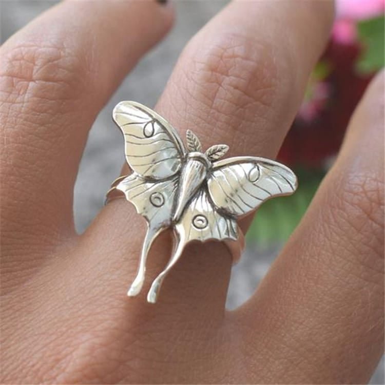 Vintage Butterfly Moth Retro Silver Insect Ring