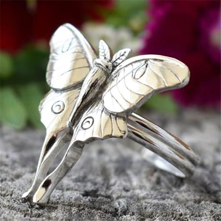 Vintage Butterfly Moth Retro Silver Insect Ring