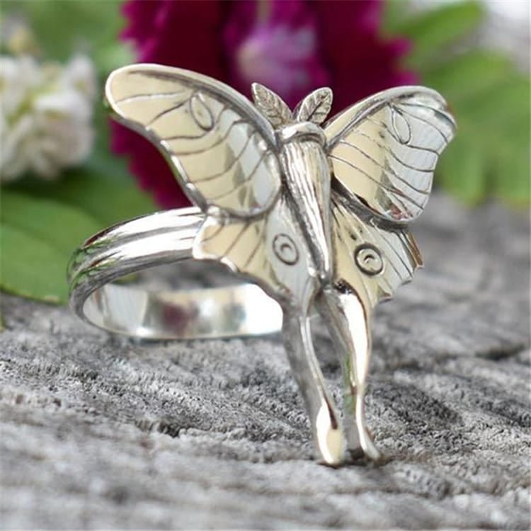 Vintage Butterfly Moth Retro Silver Insect Ring