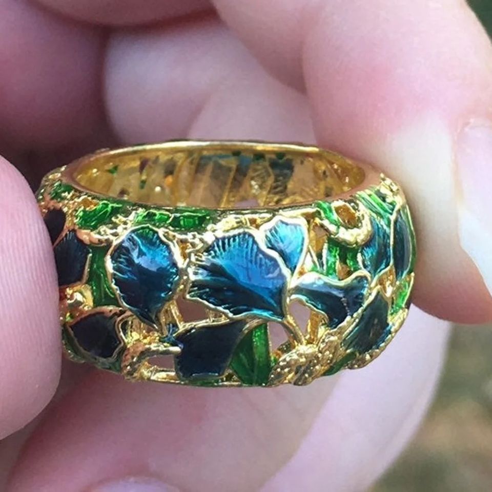 Ornament Blue Green Enamel Electroplating Oil Painting Gold Ring