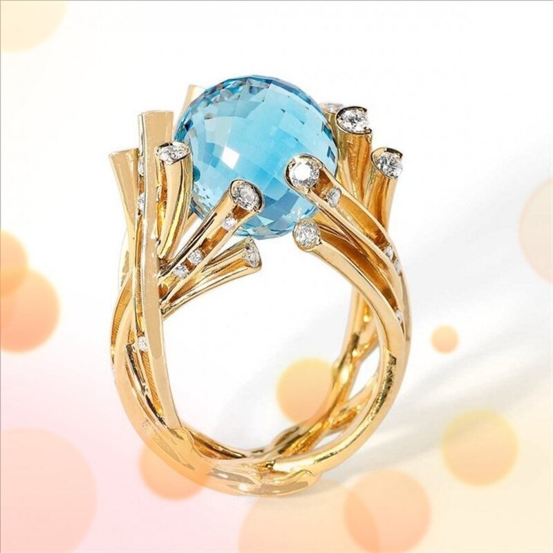 Creative Blue Crystal Ball Cocktail Golden Branch Ring