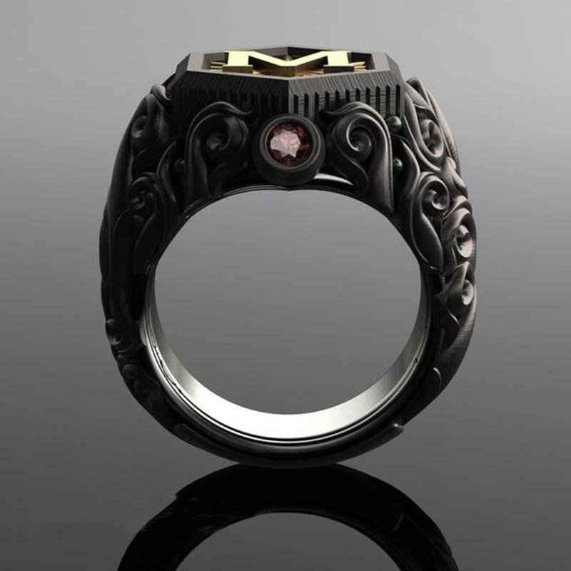 Men's Midnight Sovereign Letter “M” Carved Crest with Gold Emblem Ring
