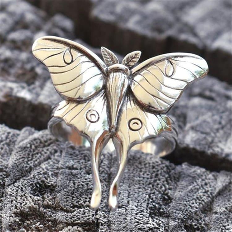 Vintage Butterfly Moth Retro Silver Insect Ring