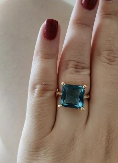 12mm Sterling Silver Filled Sea Blue Square Rhinestone Inlaid Ring