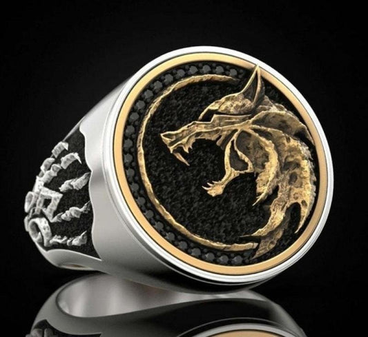 Men's Retro Snarling Wolf Two Tone Ring