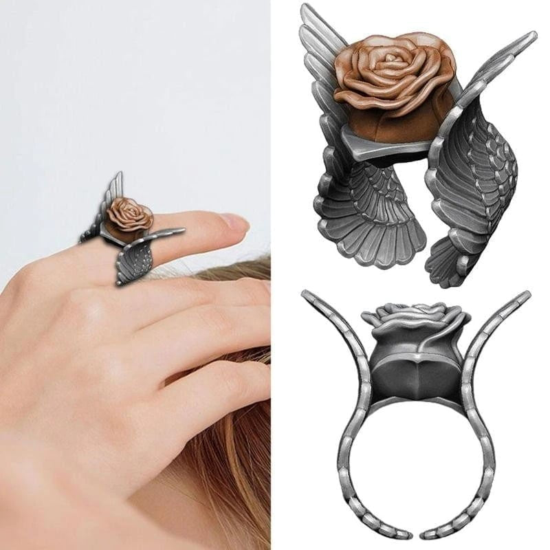 Huge Eagle Wings Vintage Diablo Rose Silver Flower Ring