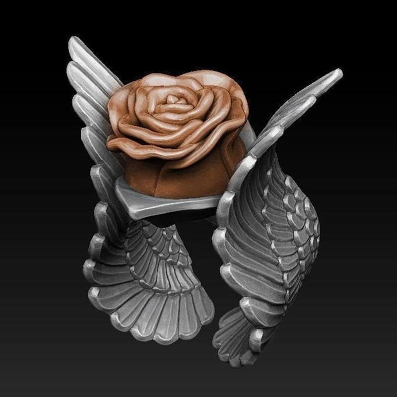 Huge Eagle Wings Vintage Diablo Rose Silver Flower Ring