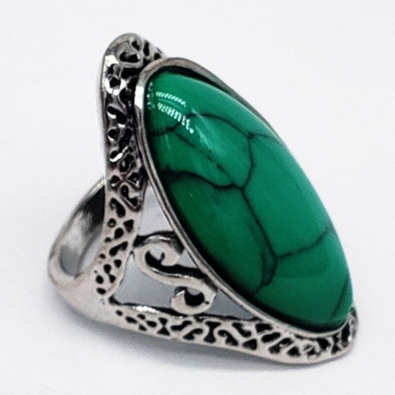 Natural Green 27mm Stone Hollow Antique Silver Ring