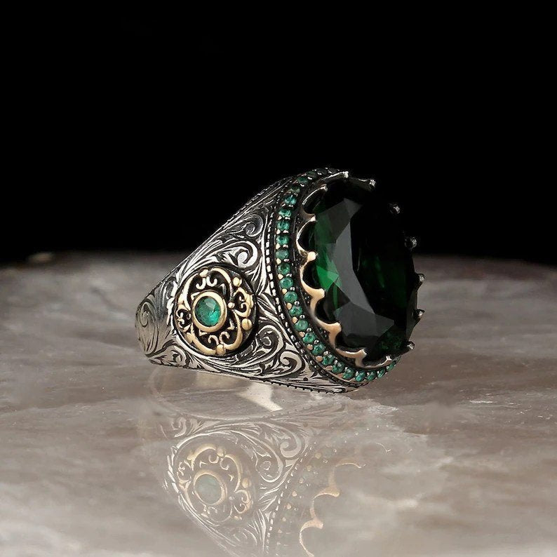 Men's Big Irregular Green Oval Rhinestone Retro Silver Ring