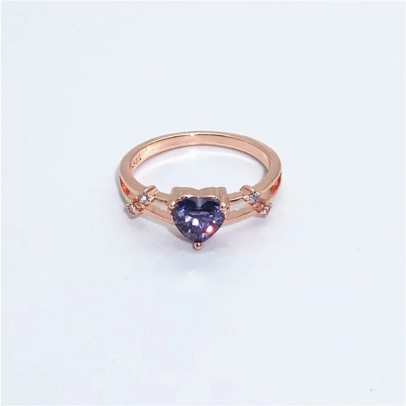 Sterling Silver Rose Gold Inlaid Purple Heart-Shape Ring