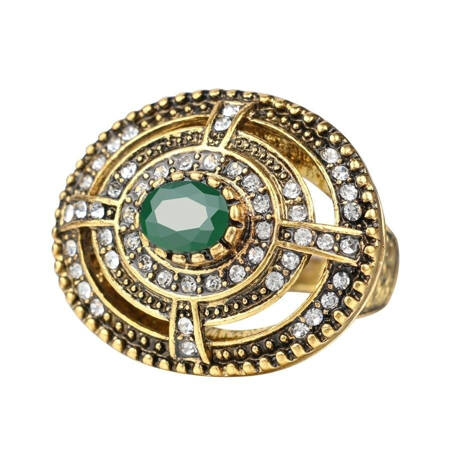 Huge Vintage Oval Green Resin Hollow Antique Gold Turkish Ring