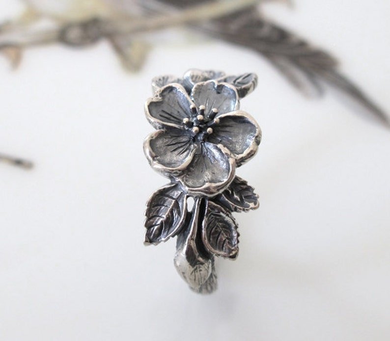 Vintage Rose Flower Leaf Retro Silver Ring