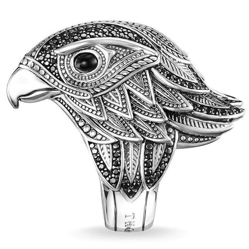 Huge Vintage Falcon Eagle Head Antique Silver Ring