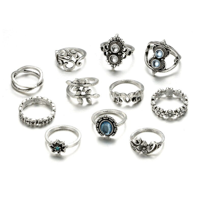 11pcs Blue Boho Vintage Silver Ring Stacking Set