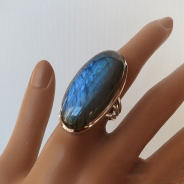 Sterling Silver Blue Egg Shaped Moonstone Ring