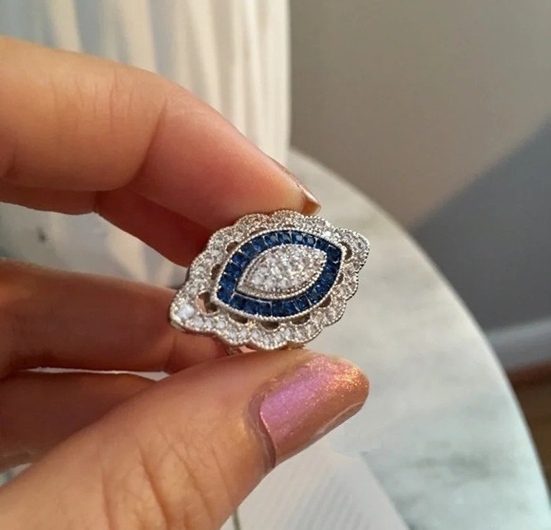 Vintage 2.35CT White Round Cut Gem & Blue Sapphire Silver Art Deco Ring
