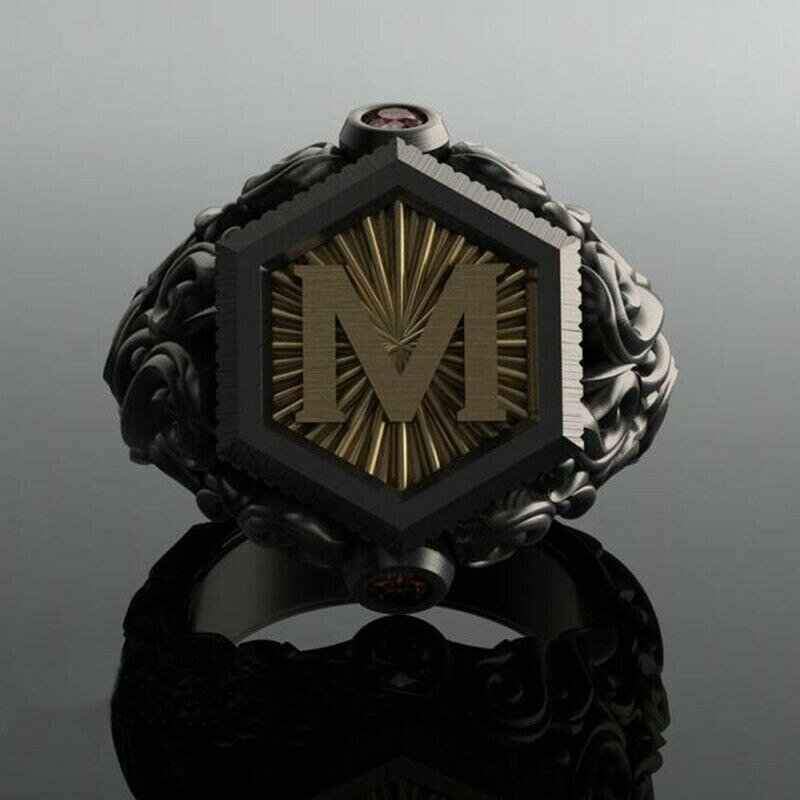Men's Midnight Sovereign Letter “M” Carved Crest with Gold Emblem Ring