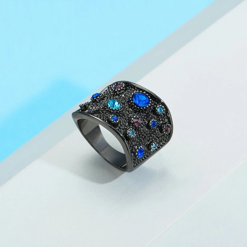 Wide Black Rhodium Plated Multicolor Crystals Paved Index Ring