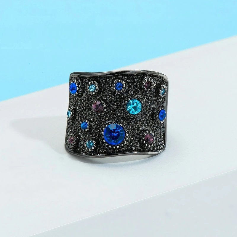 Wide Black Rhodium Plated Multicolor Crystals Paved Index Ring