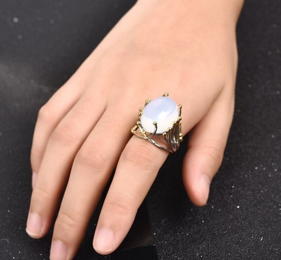 Big Geometric White Moonstone Vintage Silver Ring