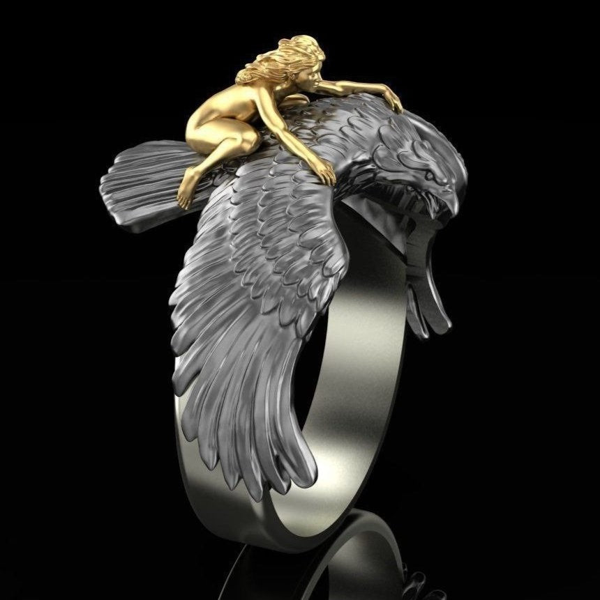 Girl Flying on The Eagle Two Tone Punk Rock Ring