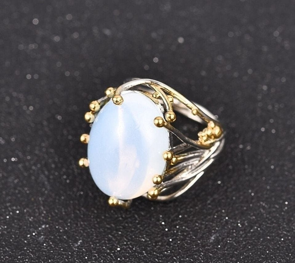 Big Geometric White Moonstone Vintage Silver Ring