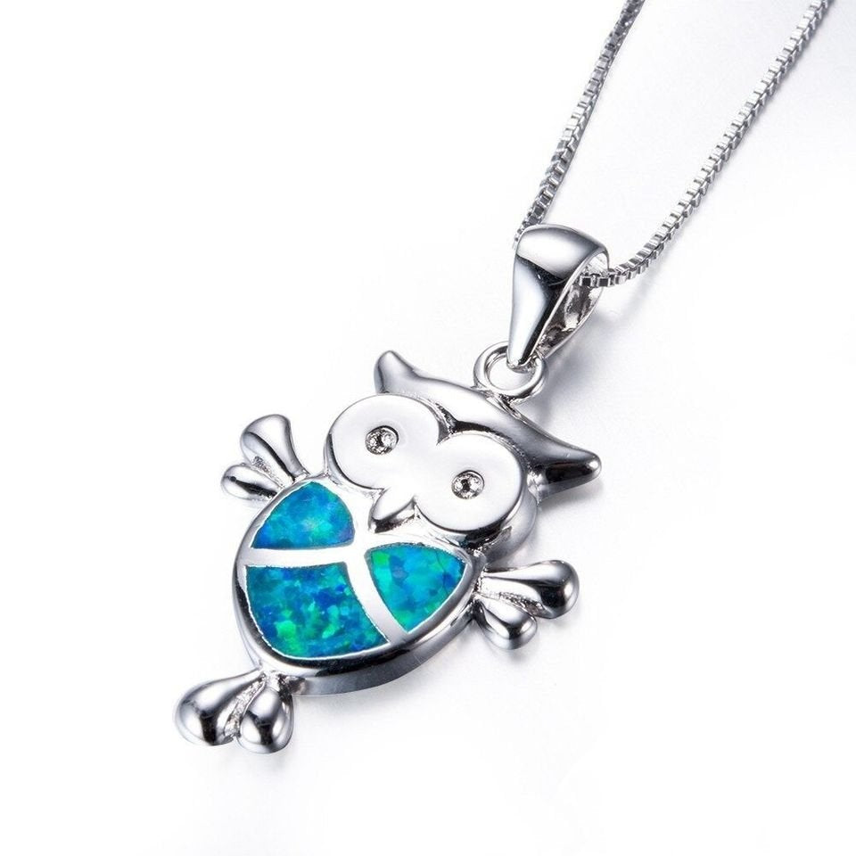 Blue Fire Opal Cute Owl Pendant Silver Necklace & Chain