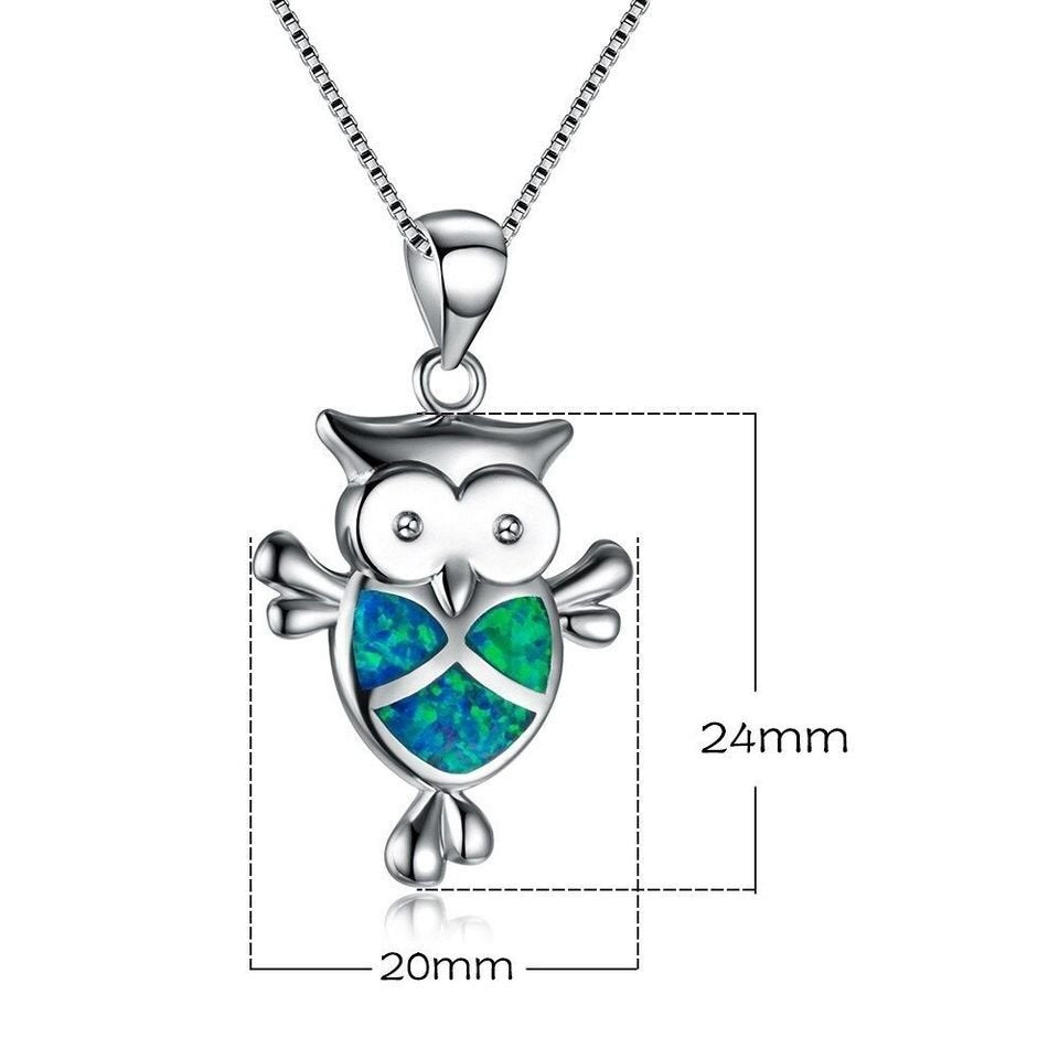Blue Fire Opal Cute Owl Pendant Silver Necklace & Chain