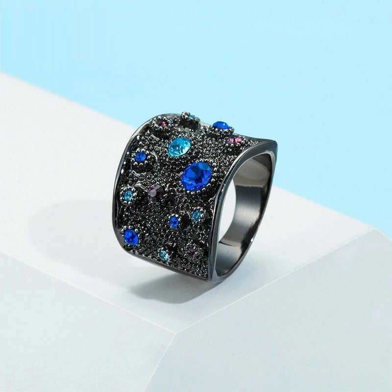 Wide Black Rhodium Plated Multicolor Crystals Paved Index Ring