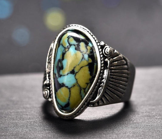 Vintage Blue Turquoise Antique Silver Feather Ring