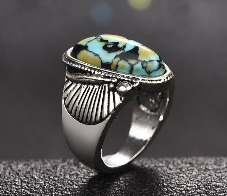 Vintage Blue Turquoise Antique Silver Feather Ring