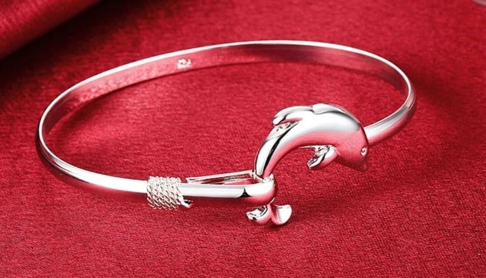 Cute Charm Dolphin Open Silver Bangle Bracelet