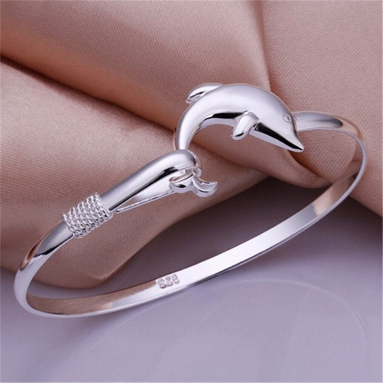 Cute Charm Dolphin Open Silver Bangle Bracelet