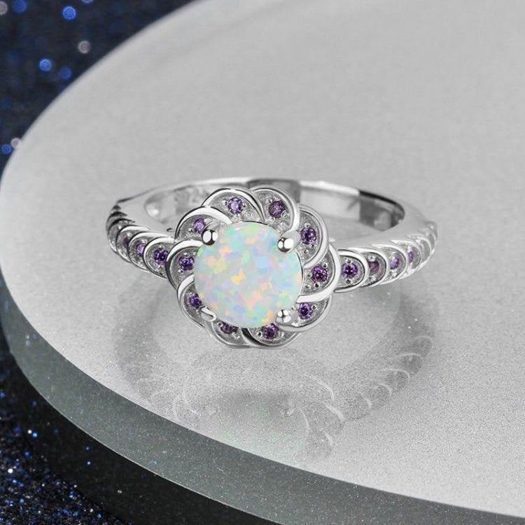 White Opal & Purple Zircon Round Flower Silver Ring