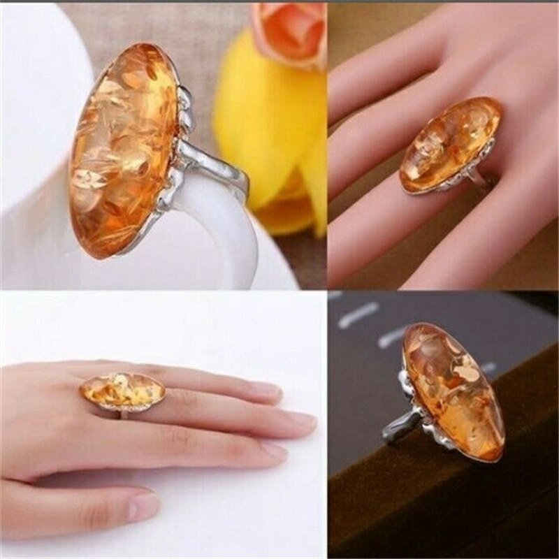 Huge Oval Orange Amber Vintage Silver Ring