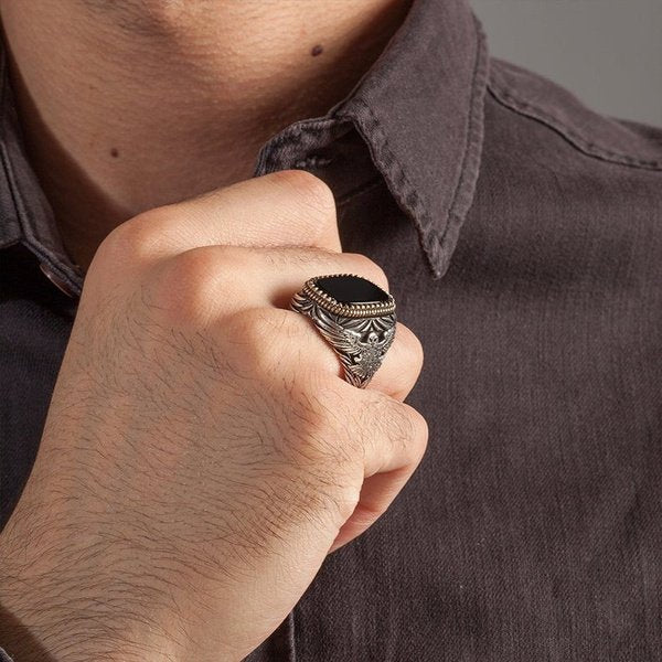 Men's Golden Black Eagle Big Retro Silver Ring