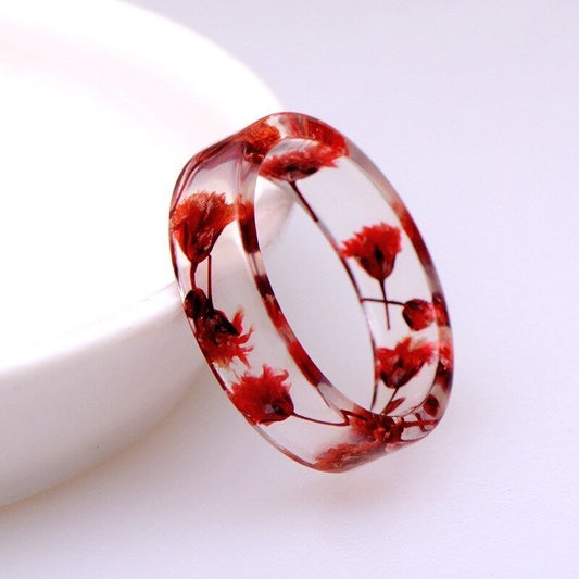 Clear Dried Red Flowers Transparent Resin Epoxy Ring