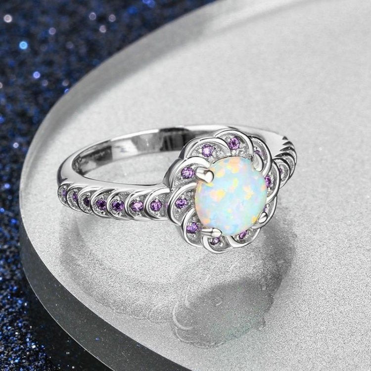 White Opal & Purple Zircon Round Flower Silver Ring