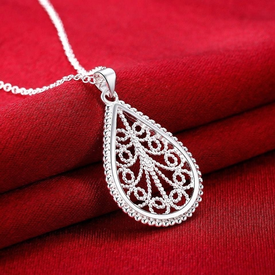 Diamond Cut Teardrop Silver Pendant Necklace & Chain
