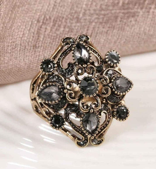 Huge 30mm Antique Gold Cross Gray Crystal Flower Vintage Ring