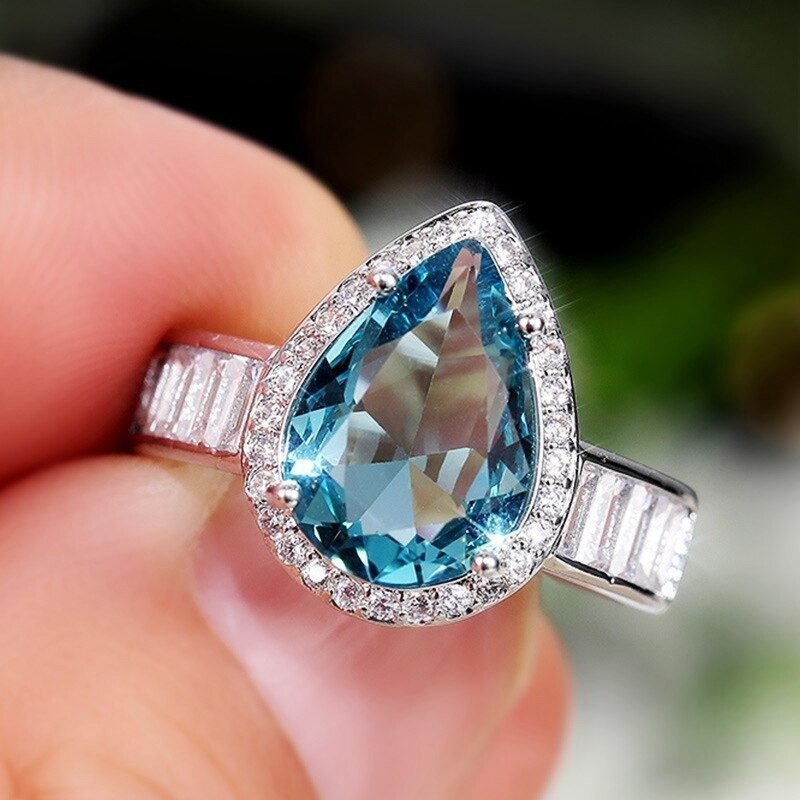 Sterling Silver Pear Shaped Blue Aquamarine Ring