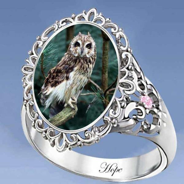 Vintage Oval Cut Enamel Owl Silver Animal Ring
