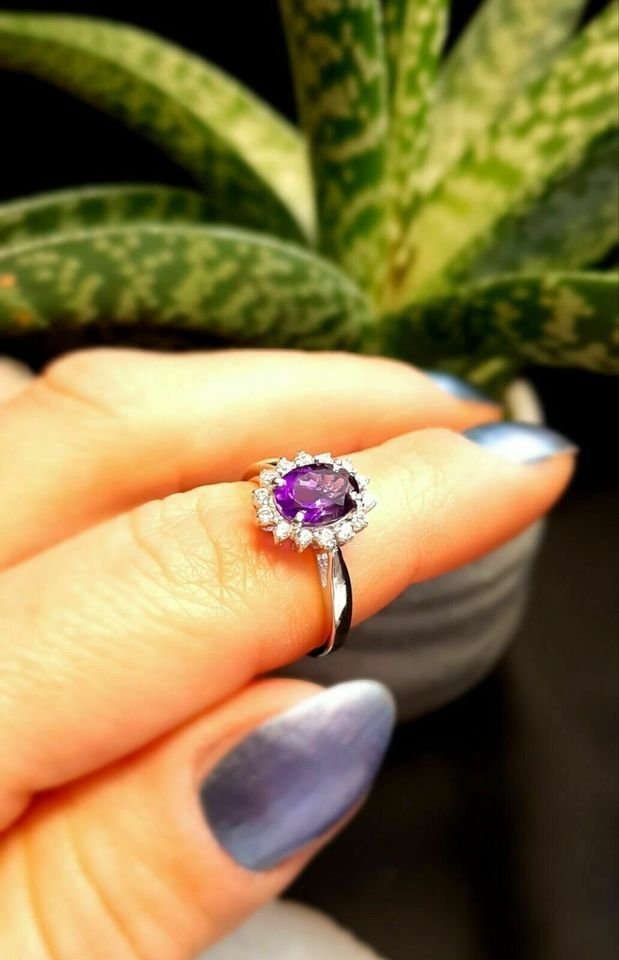 Sterling Silver Oval Purple Amethyst Flower Open Ring