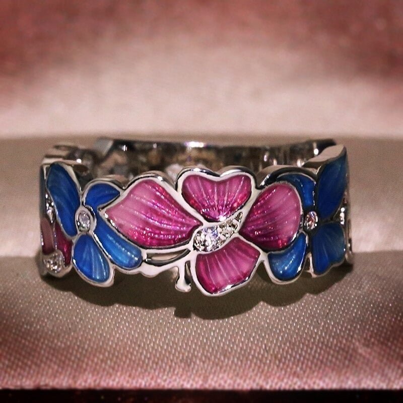 Colorful Butterfly Flower Multicolor Floral Enamel Silver Ring