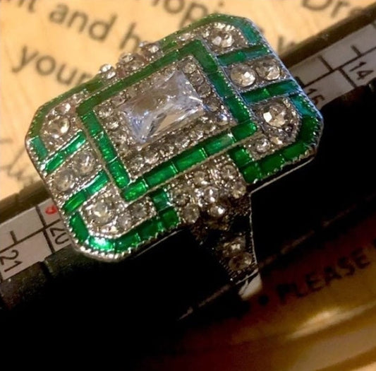 Antique Art Deco Silver Natural Green Sapphire & CZ Gemstone Ring