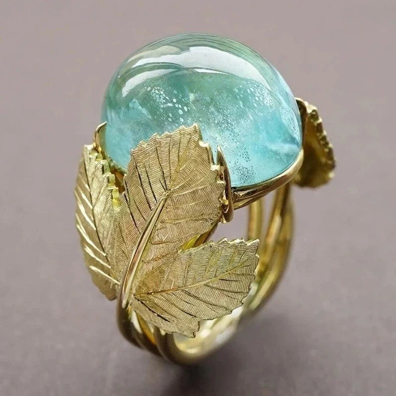 Delicate Gold Metal Leaves Blue Resin Maple Leaf Ring