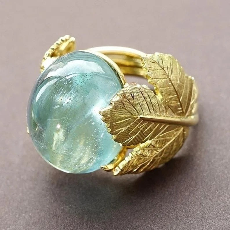 Delicate Gold Metal Leaves Blue Resin Maple Leaf Ring