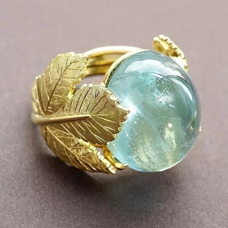 Delicate Gold Metal Leaves Blue Resin Maple Leaf Ring