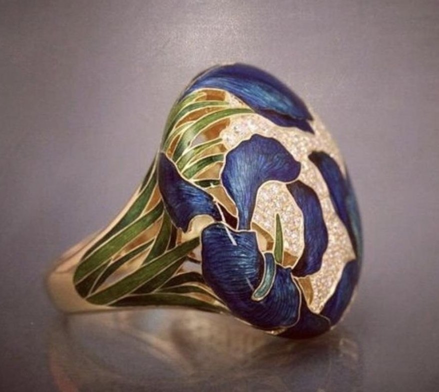 Chinese Style Hand-Painted Lotus Grass Retro Ring