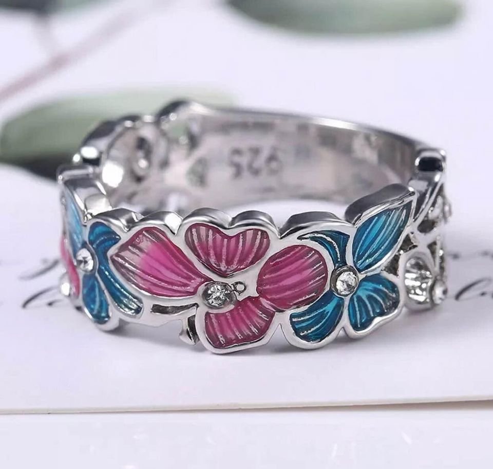 Colorful Butterfly Flower Multicolor Floral Enamel Silver Ring